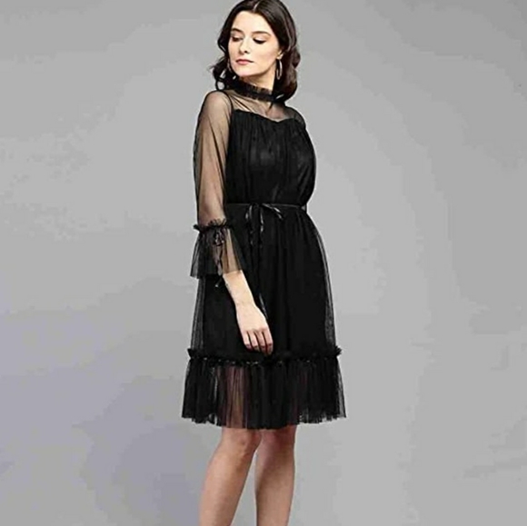 Dresses & Skirts - Black net full sleeve midi dress